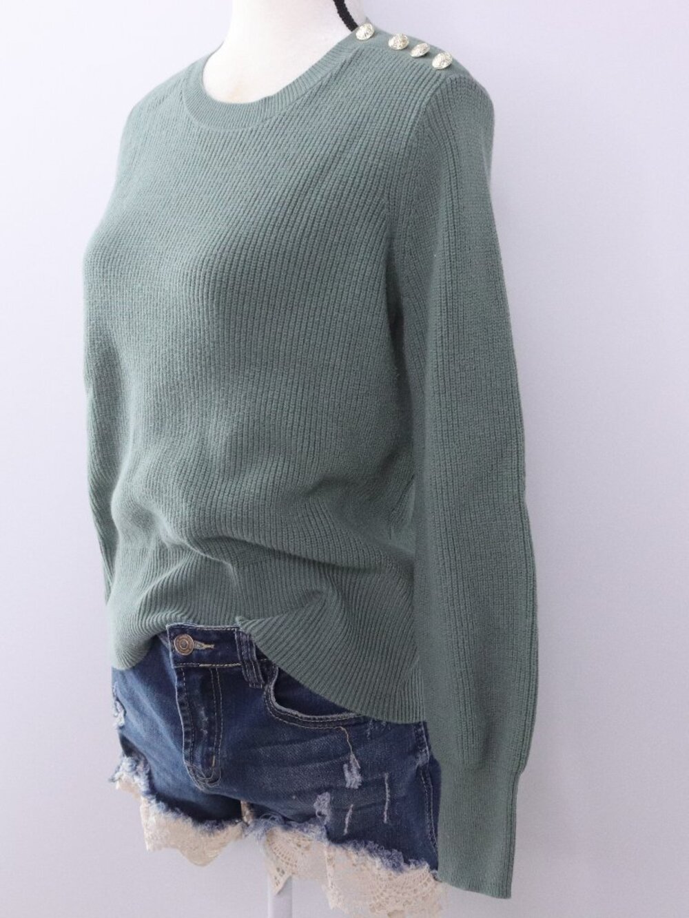 LOFT Women's Cotton Blend Ribbed Sweater Medium Sage Green Gold Button